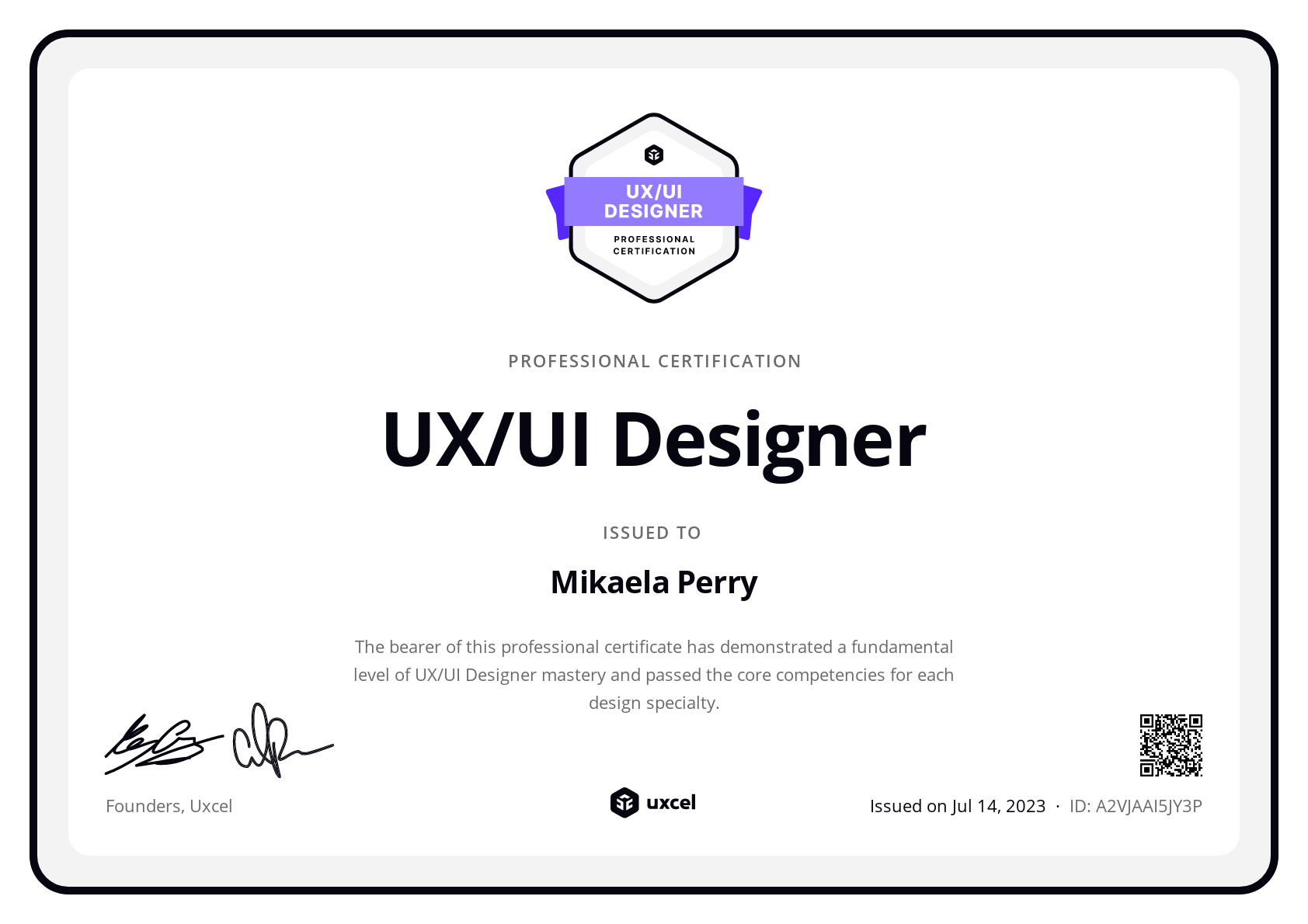 Mikaela Rae Perry's certificate